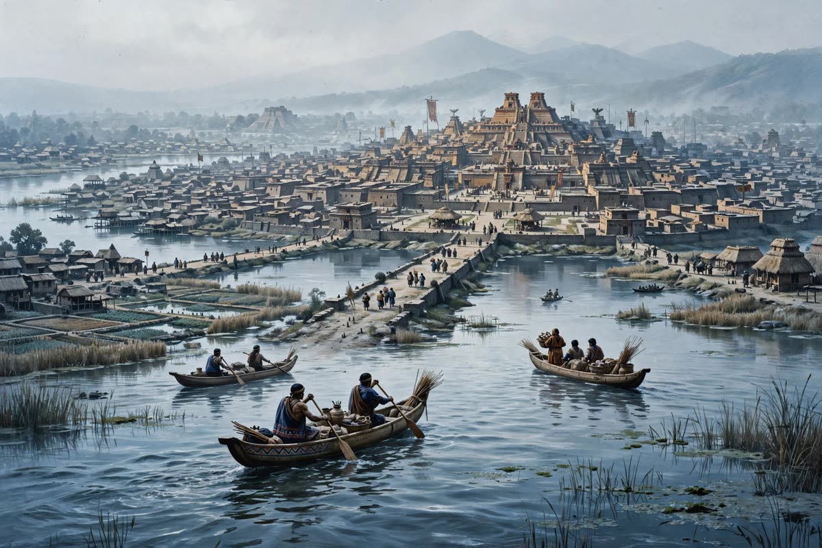Tenochtitlan stretches across an island, its plazas and causeways linking lakeside neighborhoods as small groups and canoes cross the water toward the city. A wide, water-level view in cool November daylight, softened by haze. Cinematic historical illustration with restrained documentary realism, muted charcoal and winter blue, warm amber accents, subtle analog film grain, period-accurate details.