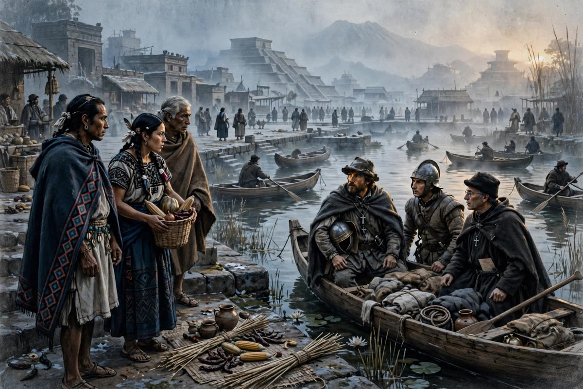 At the edge of a vast island-city plaza, Mexica residents and newly arrived Spanish travelers move among canoes on the water, pausing in a cautious first encounter. Period-accurate clothing and boats fill the scene beneath cold November haze, with amber light catching faces. Human-scale cinematic historical illustration, restrained documentary realism, charcoal and winter-blue tones, subtle analog film grain.