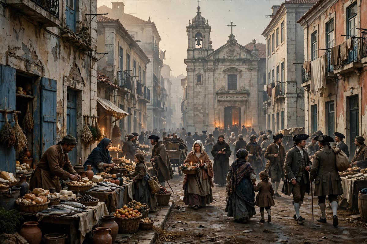 A crowded Lisbon street in 1755, where townspeople in period clothing make their way toward church as vendors work beside weathered limestone buildings. Soft All Saints’ morning light filters through fine dust haze, catching faded terracotta, muted ocean blue, and candlelit amber tones. Human-scale wide street view, rendered as a cinematic historical illustration with restrained documentary realism and subtle film grain.