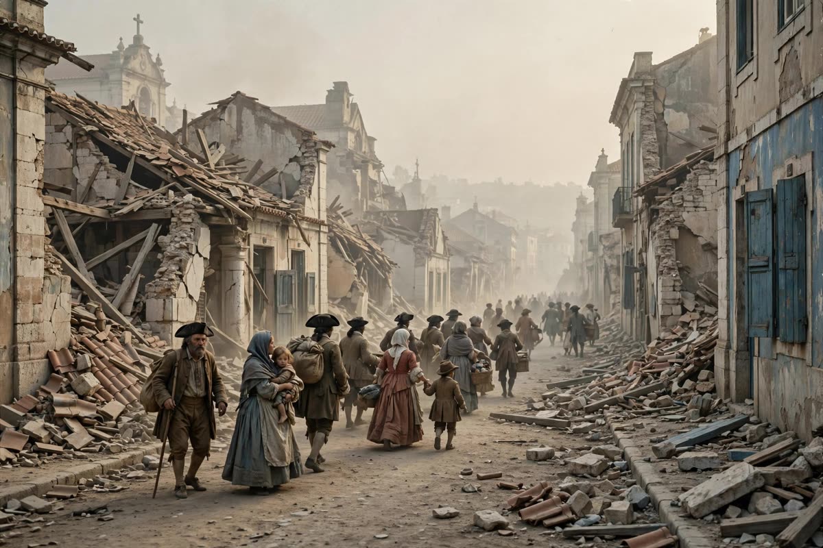 A crowd in period clothing moves cautiously away from damaged buildings along a dusty street in eighteenth-century Lisbon, under hazy morning light. Human-scale wide framing, faded terracotta, limestone, muted ocean blue, fine dust, and restrained documentary realism; cinematic historical illustration with subtle fine-grain film texture.
