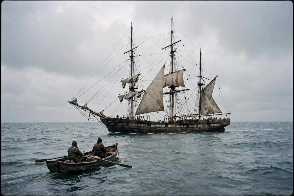 A sailing ship drifts across the Atlantic with several sails partly set as a small boat from a second vessel approaches. Overcast daylight reveals the open sea in natural colours. Wide documentary reportage photograph, available light, 35mm film grain and restrained contrast.