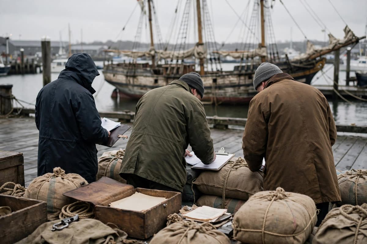 A recovered sailing ship rests in harbor as officials formally inspect bundled cargo and papers in the foreground, with no identifiable faces and no legible writing. Overcast daylight falls softly across the quiet scene. Medium-wide documentary reportage photography, available light, natural colours, 35mm film.