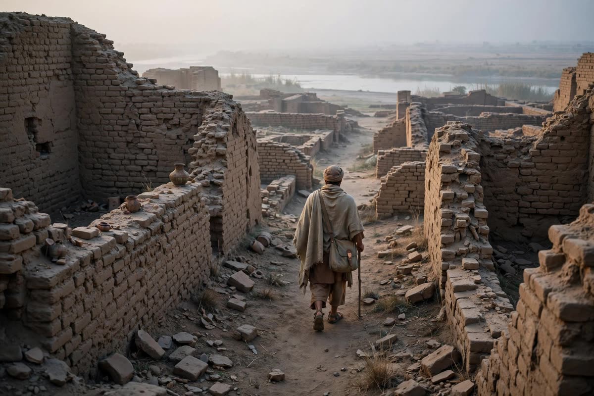 A solitary traveler walks through the baked-earth ruins of Mohenjo-daro, the pale river fading into the horizon. Human-scale wide shot in soft dawn haze, with naturalistic light, dusty ochre brick, muted indigo shadows, and restrained copper accents. Cinematic archaeological realism, fine surface detail, subtle 35mm film grain.