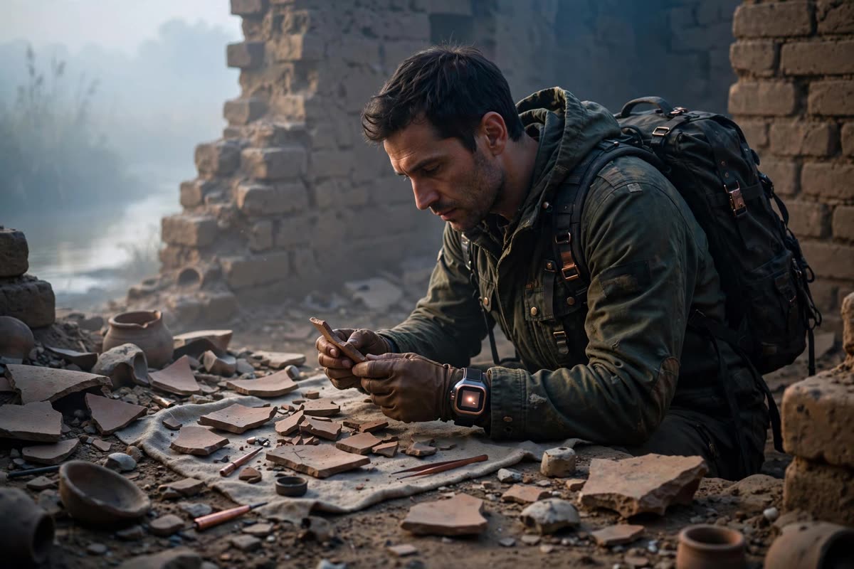 A lone time traveler studies artifacts and fragments among the baked-earth brick ruins of Mohenjo-daro, with no readable inscriptions or added ornament. Close, human-scale framing; pale dawn river light filters through soft haze, with dusty ochre, muted indigo shadows, and restrained copper accents. Cinematic archaeological realism, fine tactile detail, naturalistic light, and subtle 35mm film grain.