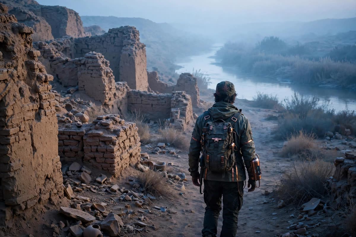A lone time traveler walks away from weathered baked-earth ruins toward pale river light, the ancient landscape softening into the present through gentle haze. Human-scale wide framing at dawn, cinematic archaeological realism with tactile brick detail, dusty ochre, muted indigo shadows, restrained copper accents, and fine-grain film treatment.