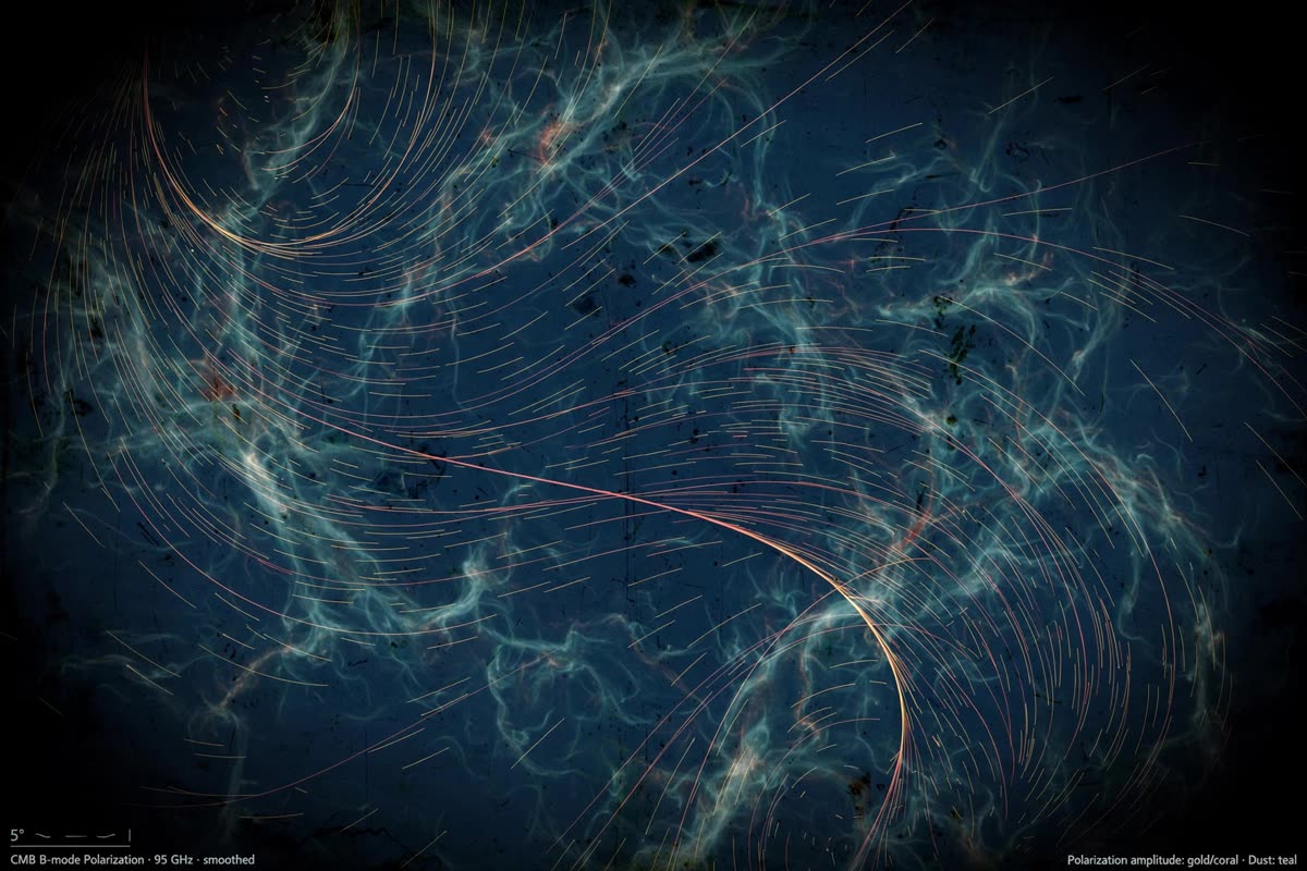 A cosmic microwave background polarization map fills a dark, nightlike field, delicate curved gold and coral B-mode patterns crossing deep midnight blue and muted teal while faint galactic dust filaments intertwine behind them. Restrained scientific documentary illustration, clean observatory-map texture, subtle archival grain, precise and non-sensational; overhead close framing, softly illuminated against darkness.