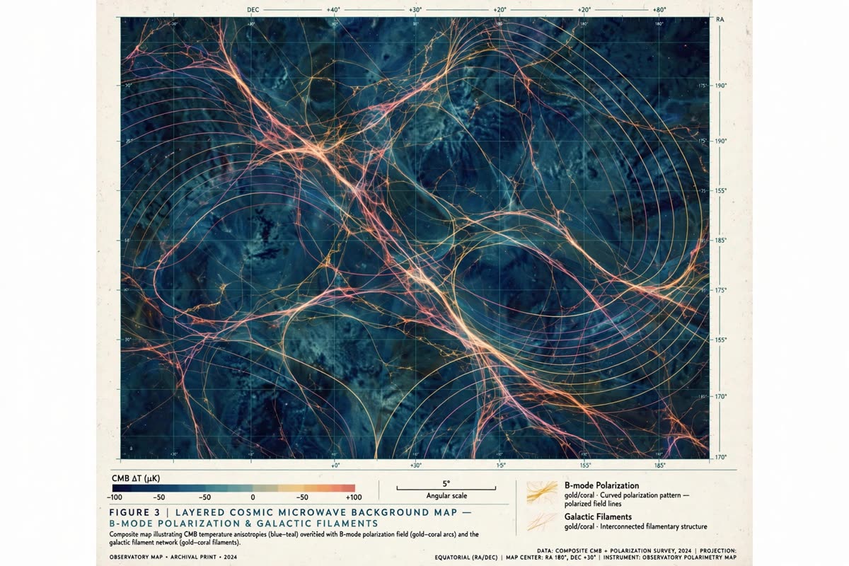 A layered cosmic microwave background map reveals delicate galactic filaments crossing curved gold-and-coral B-mode patterns, suspended in a deep midnight-blue and muted-teal field. Nighttime observatory-map aesthetic, softly illuminated, viewed close and straight-on; restrained scientific documentary illustration with clean map textures, subtle archival grain, precise and unsensational.