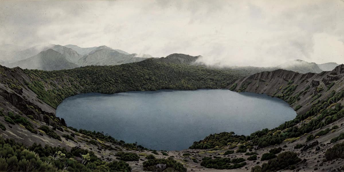 A still crater lake rests in a volcanic basin among Cameroon’s highlands, ringed by dark slopes beneath an overcast sky. Soft, diffuse daytime light and a wide landscape view reveal the lake’s topography in a restrained documentary illustration style, with muted deep greens, slate blues, ash gray, realistic detail, and subtle archival grain.