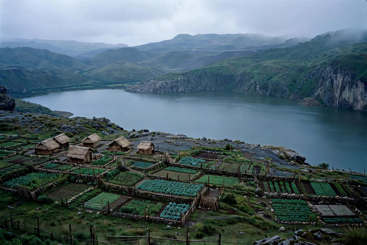 An empty volcanic highland plateau, its intact huts and gardens beside the Lake Nyos basin, seen in a wide, restrained documentary view on an overcast morning. Muted deep greens, slate blues, and ash gray reveal realistic topographic detail; subtle archival grain gives the scene the investigative visual style of Zone d’Ombra.