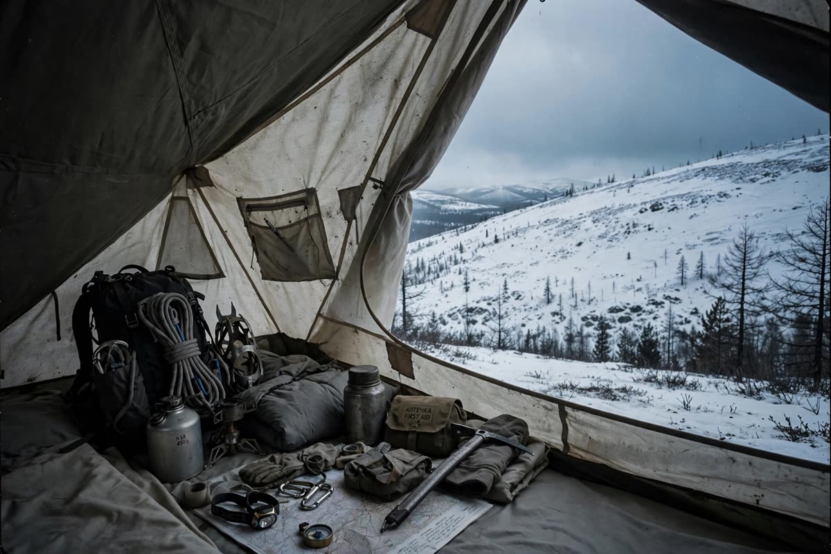 Inside a spare expedition tent, neatly arranged gear sits beside the open flap, revealing a broad snowbound northern Ural slope and a sparse dark forest edge. No people are visible. Diffuse overcast daylight, framed from within the tent; restrained documentary illustration, realistic terrain, muted ice blue, charcoal and off-white, subtle archival grain.