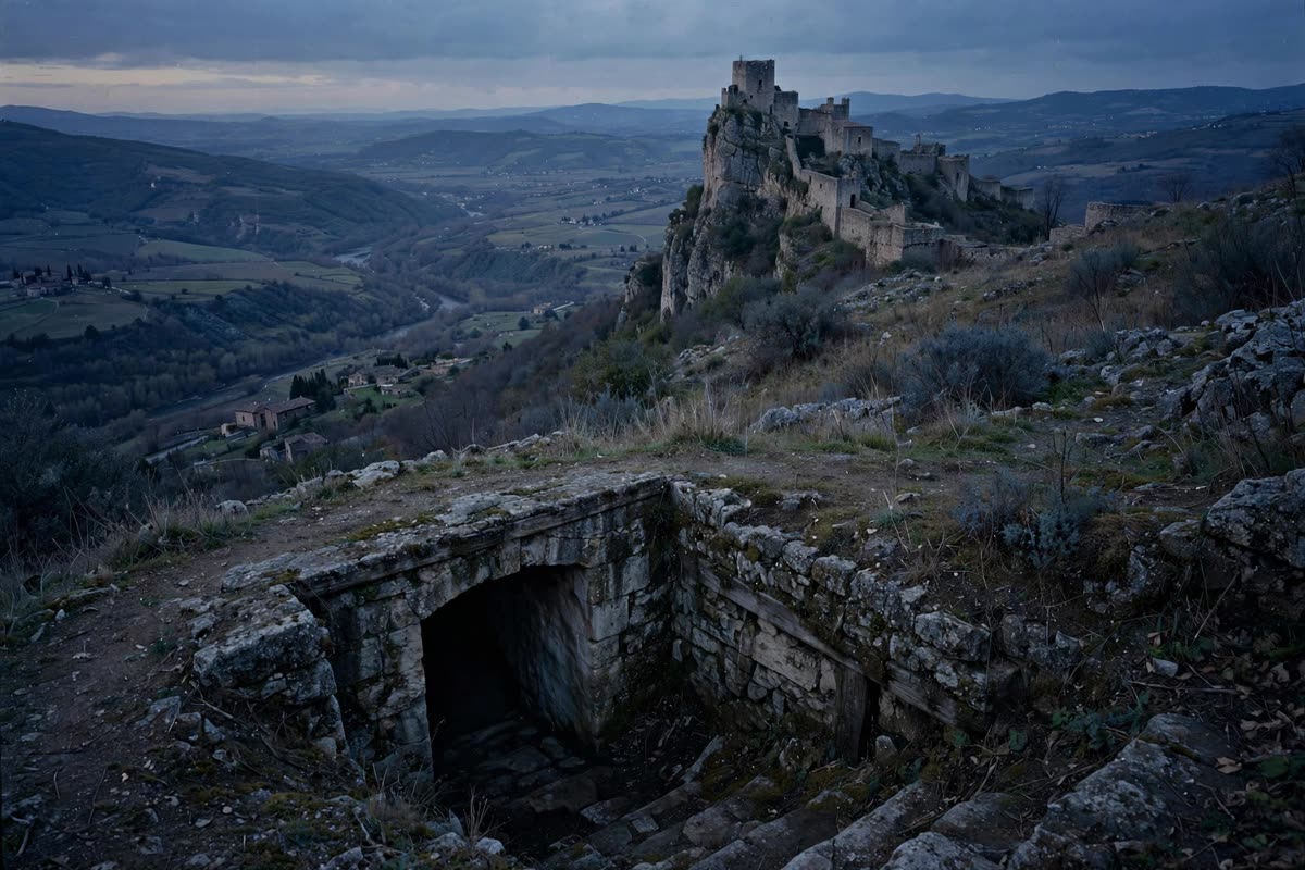 A weathered stone fortress overlooks the Valmarecchia valley at dusk, with the shadowed entrance to an old underground icehouse visible in the foreground and no one present. Restrained documentary illustration, realistic and unsensational, framed in a wide view under low atmospheric light; muted slate blue, weathered stone, charcoal tones, and subtle archival grain. This Zone d’Ombra scene preserves a sober investigative mood.