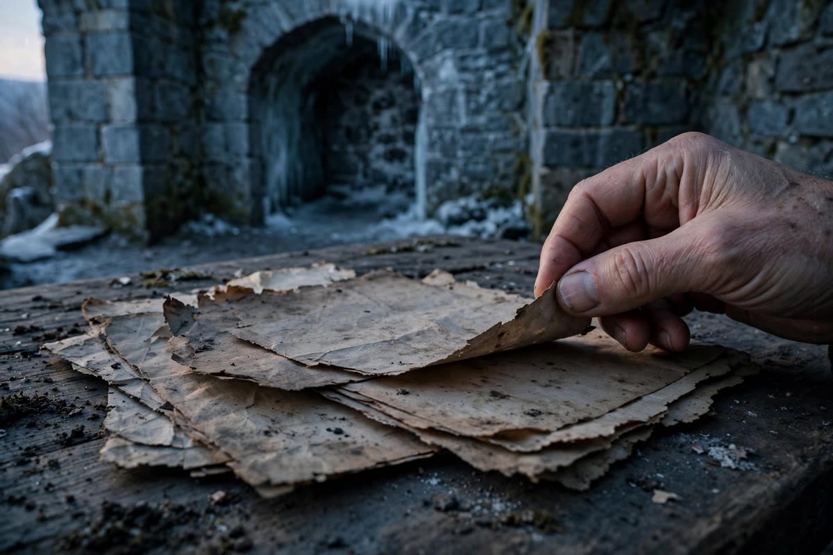 A hand carefully examines aged, unreadable papers on a table in a stone castle interior, with no words or signatures discernible. Restrained documentary illustration, the old icehouse entrance subtly suggested beyond; dusk, low lateral light, muted slate blue, weathered stone and charcoal. Close-up framing, subtle archival grain, realistic and non-sensational, no ghost.