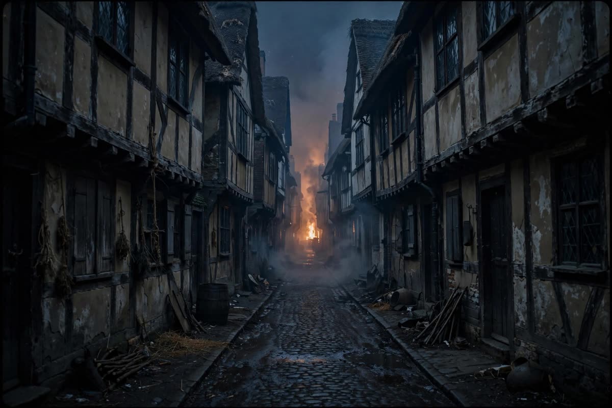 A narrow London lane in 1666, tightly packed timber houses lining the street as a distant fire glows through the darkness before dawn. Documentary reportage photography, available light, natural colours, 35mm film; a single eye-level wide shot with soft smoke and restrained, grainy texture.