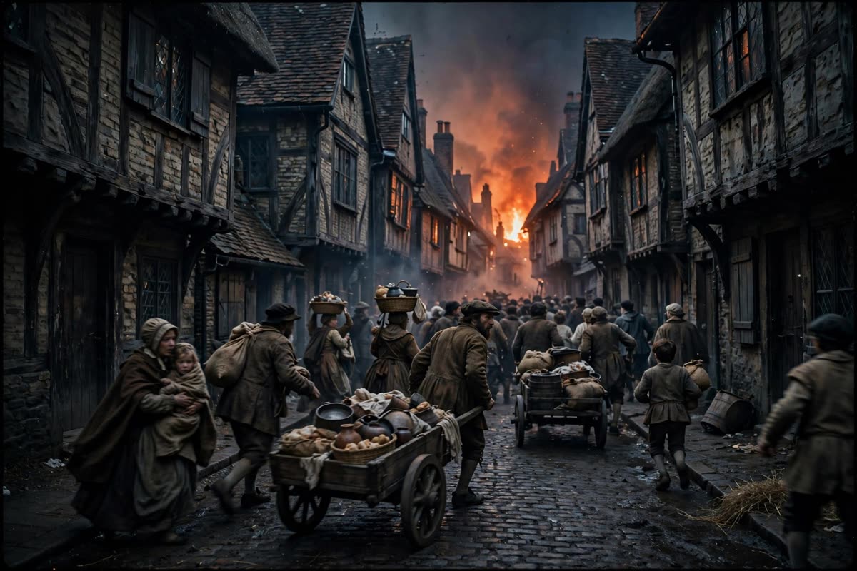 A crowd flees along a narrow 1666 London street, pushing laden carts between tightly packed houses as firelight glows in the distance. Early morning darkness, documentary reportage photography, available light, natural colours, 35mm film.