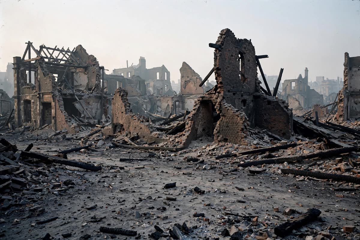The fire-scarred ruins of London stand over bare, ash-strewn ground, with broken walls and burned timbers beneath pale morning light. A wide documentary reportage photograph, captured in available light with natural colours and a restrained 35mm film treatment.