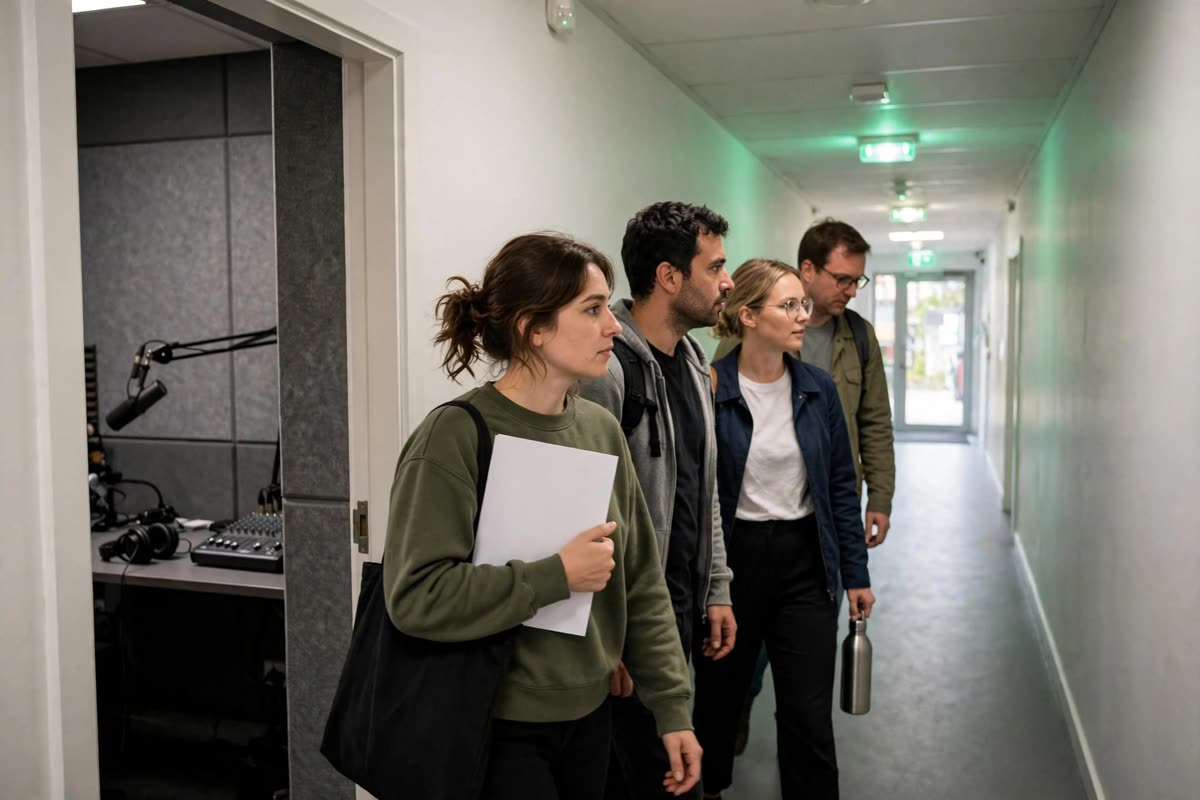A small group files out of a podcast studio into a plain corridor during a daytime evacuation drill, one figure clutching a blank sheet of paper. Generic emergency lights glow above them, with no readable signage. Candid wide-angle reportage frame, documentary photography, available light, natural colours, 35mm film.