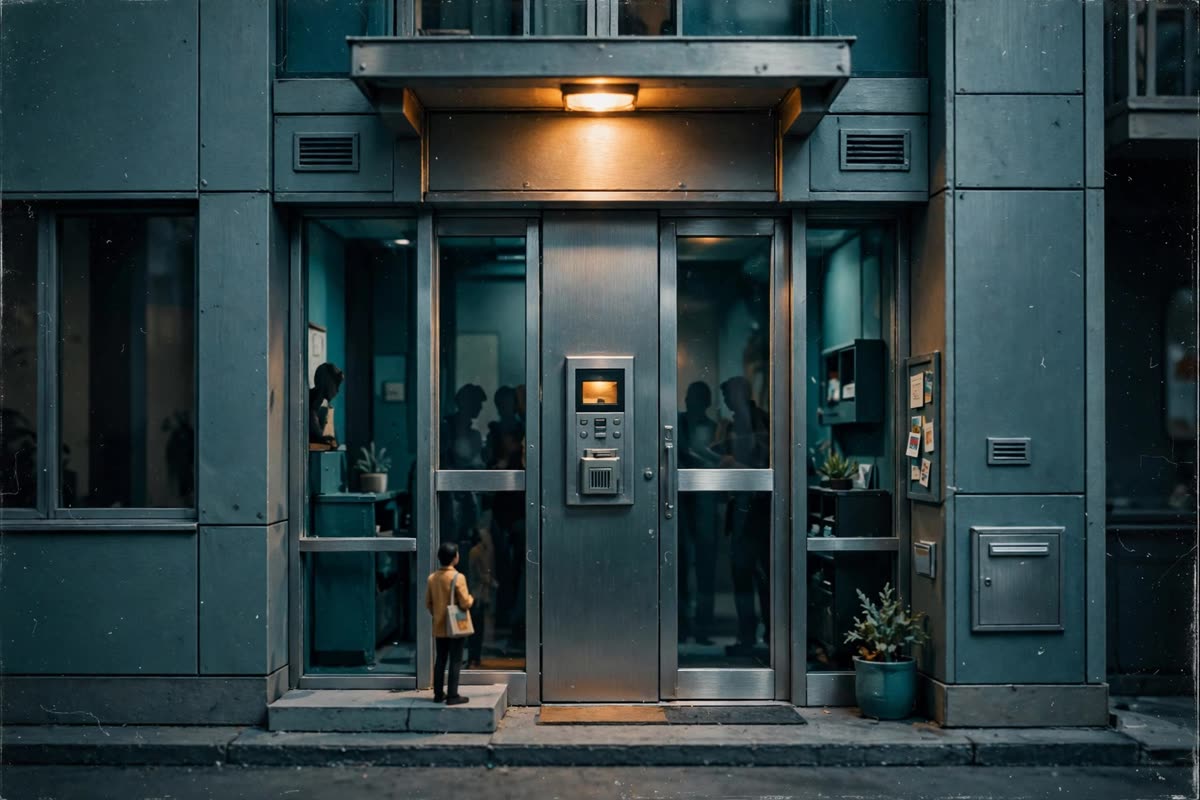 A miniature condominium entrance becomes a tiny stage: an intercom sits centered, one figure waits outside, and shadowy silhouettes peer from within. Warm overhead light meets cool brushed-steel reflections in a restrained teal, amber, and charcoal palette. Morning, medium-wide straight-on framing; cinematic miniature diorama, crisp editorial illustration, clean shapes, expressive silhouettes, playful visual tension, subtle film grain.