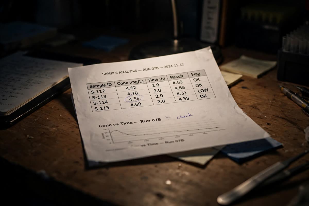 A data printout with an indistinct handwritten mark lies across a researcher’s worktable in a quiet, dim evening workspace. A focused pool of available light falls over the paper, leaving the room softly shadowed. Close, documentary reportage photography, natural colours, 35mm film grain.
