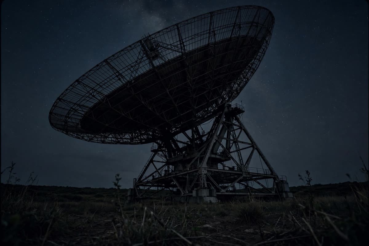 A vast radio antenna points into the night sky, its dish silhouetted beneath faint stars and an immense field of darkness suggesting an unknown direction. Wide, low-angle documentary reportage photography, available light, natural colours, subtle 35mm film grain; quiet, unresolved nocturnal atmosphere.