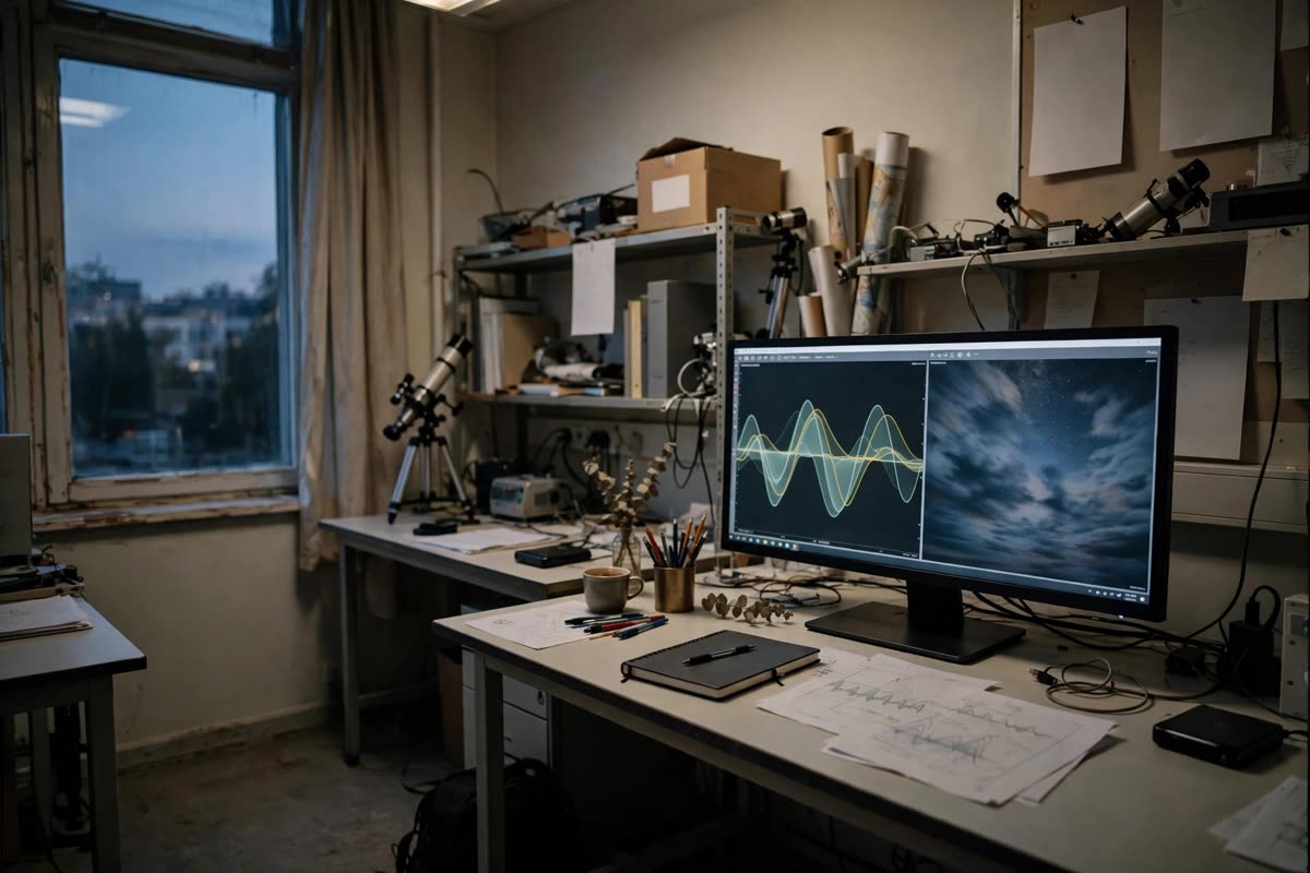 In a contemporary research room, a screen displays abstract waveforms and observations of the sky, with no legible text. Soft available light fills the quiet space, suggesting evening. A medium-wide documentary reportage photograph in natural colours, with the subtle grain of 35mm film.