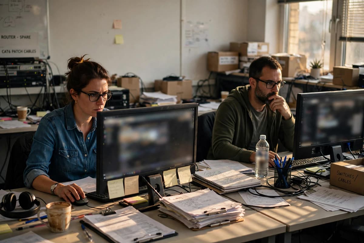 Two office workers study separate computer screens, one checking a shared inbox and the other a business system, their routine concentration edged with quiet tension. In a plain, cluttered IT office in late afternoon, available window light falls across the desks. Documentary reportage photography, natural colours, 35mm film, candid medium-wide framing, no legible screen text.