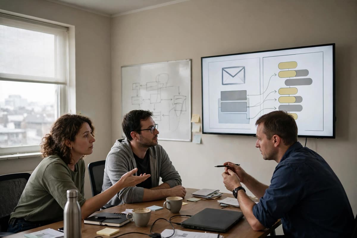 A small team discusses an email workflow in a plain meeting room, gesturing toward a screen with an abstract inbox and message queue, no legible text. Calm, slightly weary operational mood; soft available daylight, late morning. Documentary reportage photography, natural colours, candid medium-wide framing, 35mm film grain.