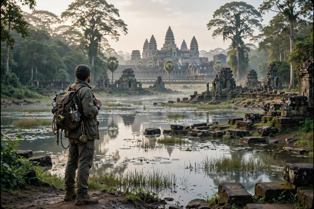 A solitary time traveler pauses before Angkor’s broad landscape, where monumental temple structures rise beside wooded areas and water. Soft morning daylight falls across the scene. Wide documentary reportage photography, available light, natural colours, 35mm film.