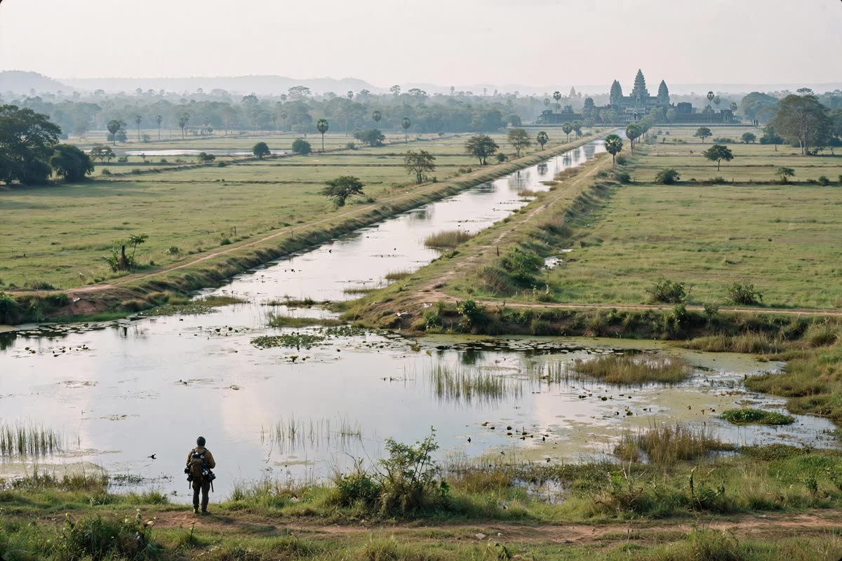A lone time traveler pauses beside a broad water basin, following a canal toward Angkor’s distant monumental structures. Seen from behind in a single wide documentary reportage frame, the figure is small within the open landscape. Soft natural daylight, natural colours, and a subtle 35mm film treatment give the scene an immersive historical feel.