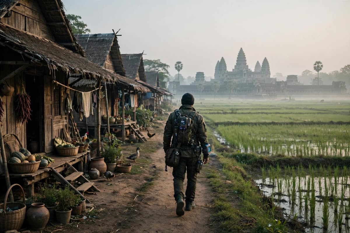 A lone time traveler walks through an inhabited village beside rice fields, with Angkor’s distant monuments on the horizon. Morning available light falls softly across the expansive landscape. Wide documentary reportage photography, natural colours, 35mm film grain, intimate and immersive.