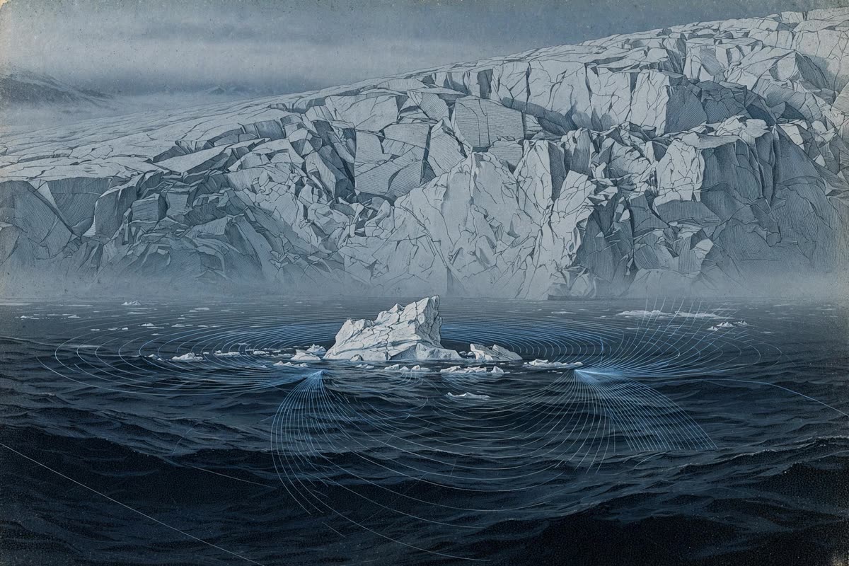 A small iceberg rises from dark Southern Ocean water beneath a vast fractured glacier, crossed by subtle acoustic wave traces. Wide, low-angle view at polar twilight, in restrained, scientifically grounded documentary illustration: muted midnight blue, glacial white and slate gray, low atmospheric light, fine archival grain—the signature visual style of Zone d’Ombra.