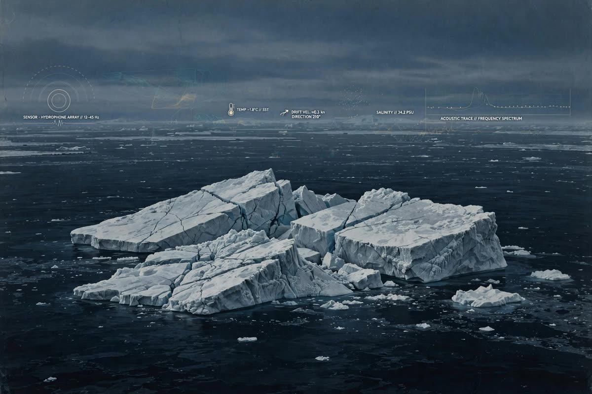 A fractured iceberg drifts across a vast Antarctic sea, with faint abstract sensor icons and acoustic traces hovering in the distance, suggesting scientific comparison without pinpointing a source. Wide, solitary composition beneath low polar twilight; dark ocean, muted midnight blue, glacial white and slate gray, restrained documentary illustration, scientifically grounded, fine archival grain, consistent with Zone d’Ombra.