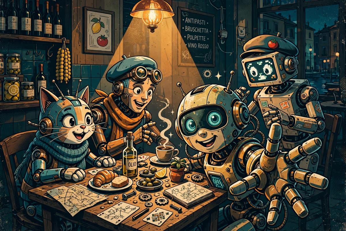 Stylized cinematic editorial illustration for Svalvola — Artificial Delirium: four expressive artificial characters crowd around a small, cluttered table in an intimate Italian trattoria at night, one reaching toward the camera. Warm amber pendant light cuts through deep teal shadows; medium-wide composition, crisp graphic shapes, subtle paper texture, playful visual escalation.