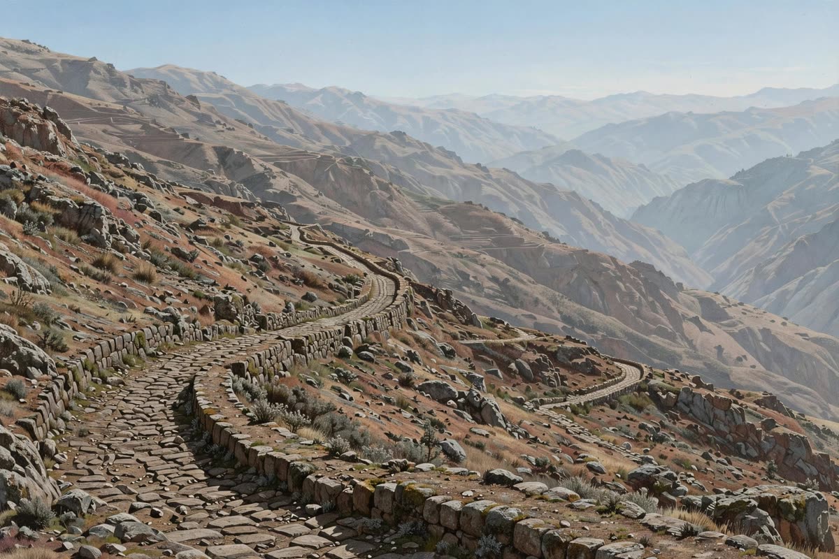 An Inca-era stone path winds through rugged Andean terrain, with layered mountain ridges fading beneath a clear daytime sky. Wide landscape framing emphasizes the route and immense highland surroundings. Clear, thin-air daylight and soft distance haze shape a cinematic historical illustration with restrained documentary realism, in muted mineral gray, earth ochre, faded terracotta, and cold sky blue, with a subtle fine-grain finish.