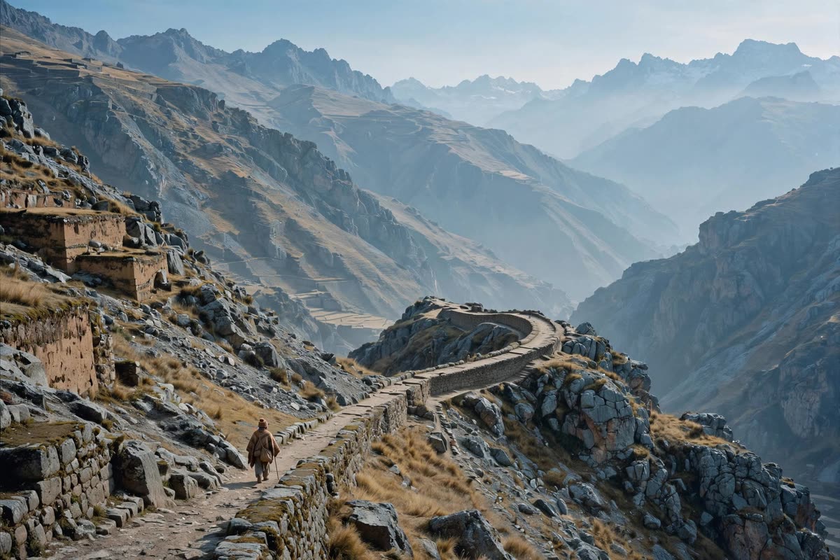 A lone, small traveler advances along an ancient Inca stone path as rugged Andean mountains dominate the view and the trail vanishes around a bend. Wide establishing frame, clear thin-air daylight with soft distance haze; muted mineral gray, earth ochre, faded terracotta, and cold sky blue. Cinematic historical illustration with restrained documentary realism and subtle 35mm film grain.