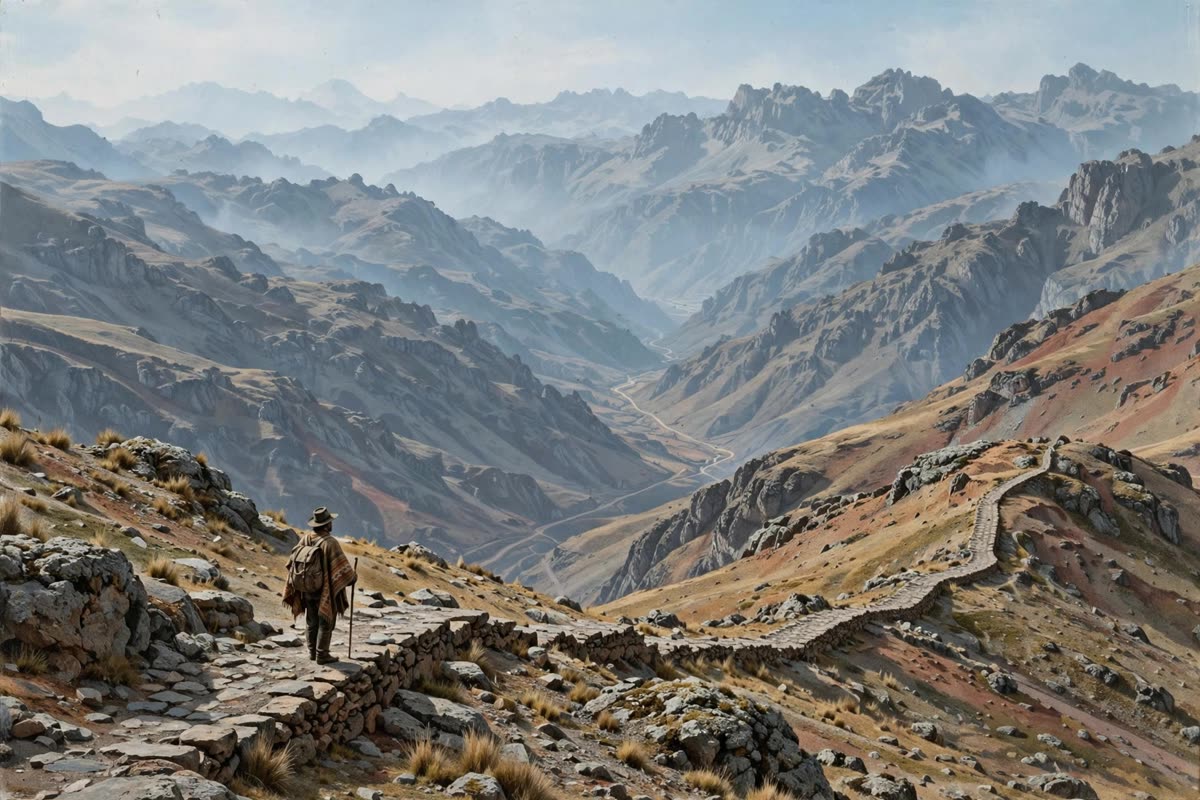 A lone traveler pauses on a high Andean stone path, gazing toward the road as it disappears beyond rugged mountain ridges. Wide establishing view with the figure small against the immense terrain, in clear thin-air daylight and soft distance haze. Cinematic historical illustration with restrained documentary realism, muted mineral gray, earth ochre, faded terracotta, and cold sky blue; subtle fine-grain film treatment.