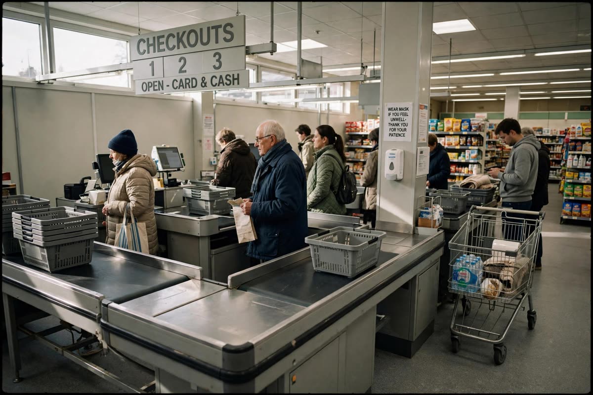 A supermarket checkout area holds several patient queues, baskets resting on conveyor belts and a trolley waiting beside one line. In the daytime interior, available light falls naturally across the scene. A candid wide-angle documentary reportage photograph in natural colours, shot on 35mm film, with the understated visual style of Svalvola — Artificial Delirium.