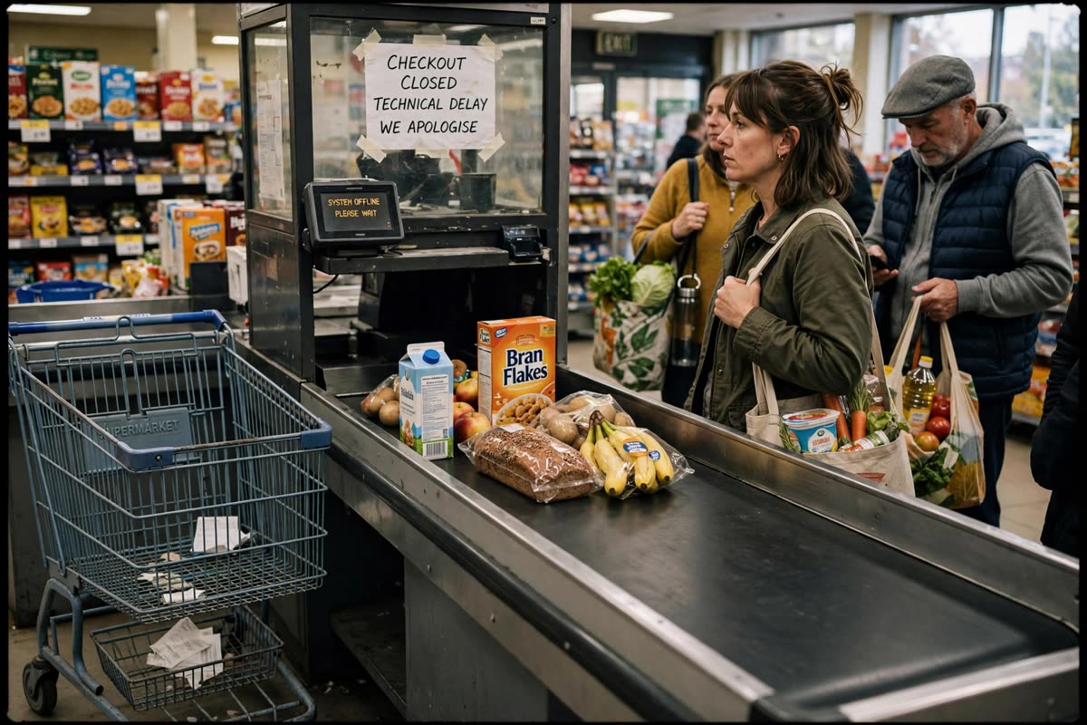 An unattended shopping trolley waits beside a stalled checkout conveyor as customers stand with groceries in a supermarket queue. Ordinary daytime, available light and natural colours; a close documentary reportage photograph with candid framing, rendered on 35mm film.