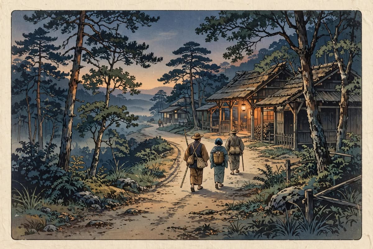 Ordinary travelers walk along a Tokaido road toward a wooden post station, the path threading between trees and timber buildings. Evening settles in, with soft fading natural light and a distant lantern’s amber glow. Human-scale medium-wide view, cinematic historical illustration with restrained documentary realism and subtle woodblock-print influence, muted indigo, warm paper ivory, and road-dust ochre; no modern objects or visible text.