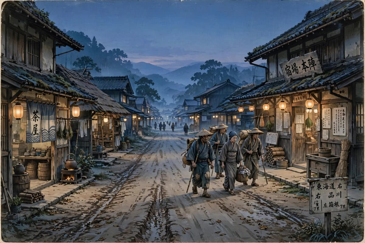 At dusk, weary travelers walk into an Edo-period post station as timber inns, teahouses, and roadside dwellings face the Tōkaidō. A human-scale wide view catches the road beneath soft indigo twilight and scattered lantern amber. Cinematic historical illustration with restrained documentary realism, subtle woodblock-print influence, muted colors, fine timber textures, and a gently aged film treatment.