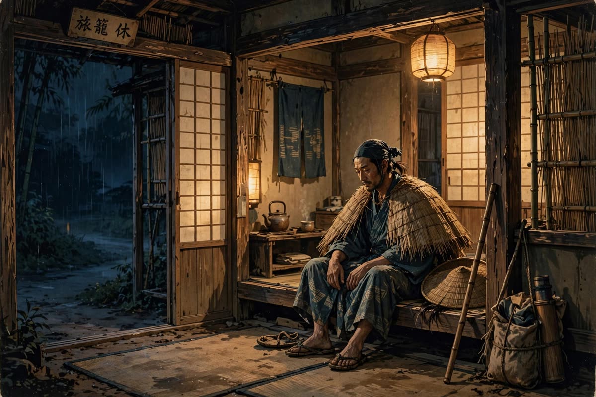 An Edo-period traveler pauses to rest inside a modest, intimate roadside inn after a long walk. Warm lantern light pools across timber and worn tatami at night, with muted indigo, paper ivory, road-dust ochre, and amber tones. Human-scale medium-wide framing, cinematic historical illustration with restrained documentary realism, subtle woodblock-print influence, and a fine-grain film treatment.