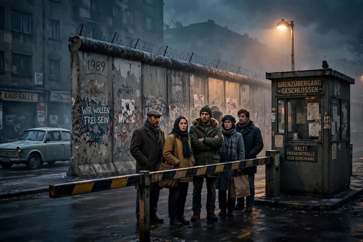 A small crowd gathers before a closed checkpoint barrier, the Berlin Wall dividing the adjoining streets beneath a dark November sky. Late-1980s street details emerge in cold haze, lit by warm sodium lamps that catch amber faces. A human-scale wide street-level composition, rendered as a cinematic historical illustration with restrained documentary realism, muted concrete gray and winter blue, and subtle analog film grain.