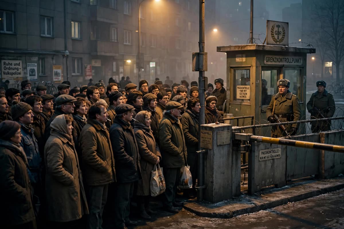 A dense crowd of East Berliners faces a guarded checkpoint barrier, waiting tensely beneath winter haze on a late-1980s Berlin street at night. Warm sodium lamps catch amber faces against muted concrete gray, charcoal, and winter blue. Human-scale medium-wide framing, cinematic historical illustration with restrained documentary realism, subtle analog film grain, period-accurate details.