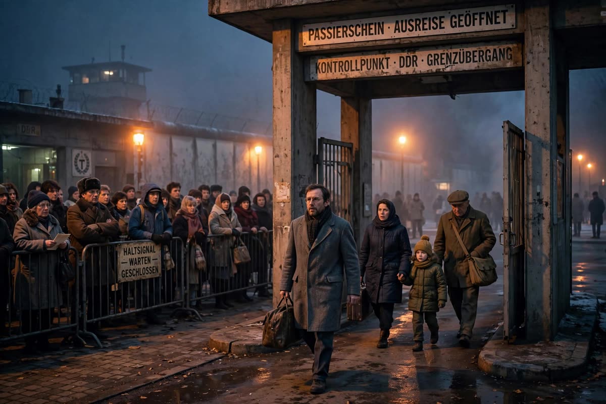People cross through an open passage at a late-1980s Berlin border checkpoint, while a crowd waits before a still-closed barrier behind them. A medium-wide, eye-level view captures the tense human-scale moment beneath warm sodium streetlights in cold November night haze. Cinematic historical illustration with restrained documentary realism, muted concrete gray, charcoal and winter blue, amber faces, and subtle analog film grain.