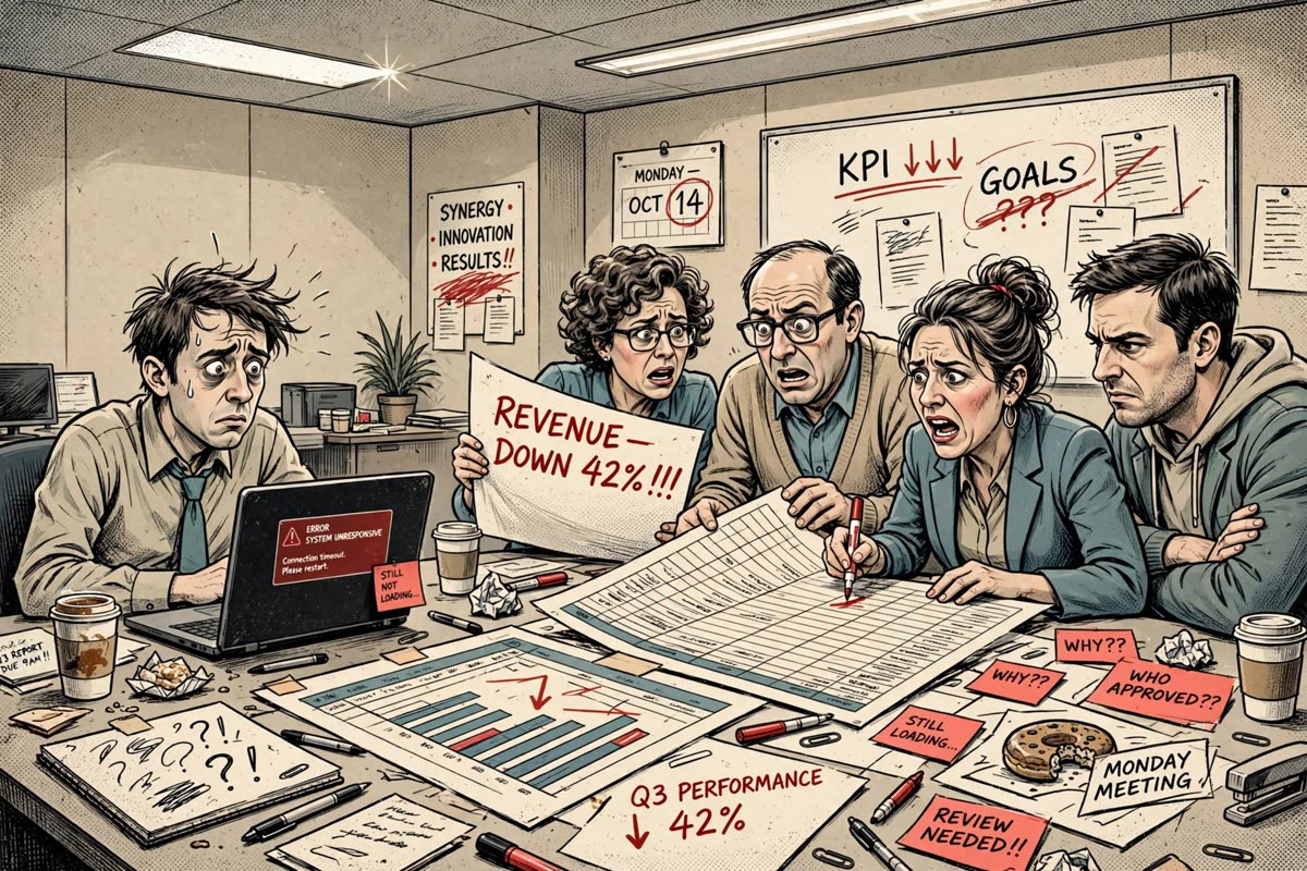 On a Monday morning, one awkwardly tense office worker stares at an unresponsive computer while colleagues crowd around a cluttered conference table. Muted beige and dusty teal tones, alarming red accents, oversized spreadsheet printouts, and flat fluorescent light set the scene. Cinematic wide composition in the editorial digital illustration style of Allineiamoci Offline, with grotesque office satire, expressive faces, crisp ink outlines, and a subtly grainy print treatment.