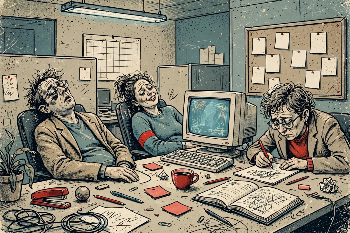 Allineiamoci Offline’s editorial digital illustration: awkward office workers slump in relief beside a working computer as one drafts an internal communication, an open agenda abandoned on the cluttered desk. Monday morning, muted beige and dusty teal with alarming red accents, flat fluorescent light, crisp ink outlines, grotesque office satire, cinematic wide composition, treated like textured print. No legible text.