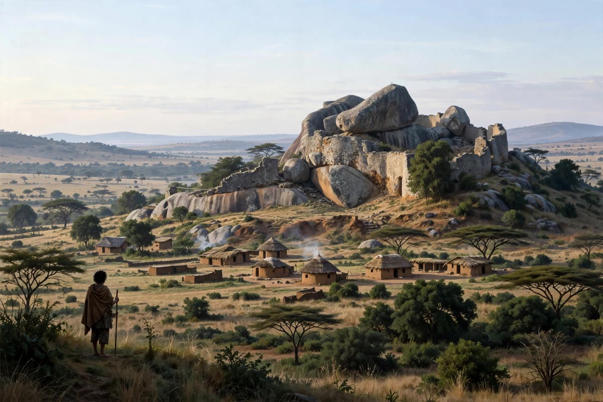 A lone human-scale figure pauses to observe the monumental granite dry-stone walls of fourteenth-century Great Zimbabwe from afar, with earthen-brown dwellings at the foot of the hill across the southern African plateau. Clear morning light, muted ochre, warm stone gray, deep green and pale sky; wide establishing frame, cinematic historical illustration with restrained documentary realism, subtle 35mm film grain.