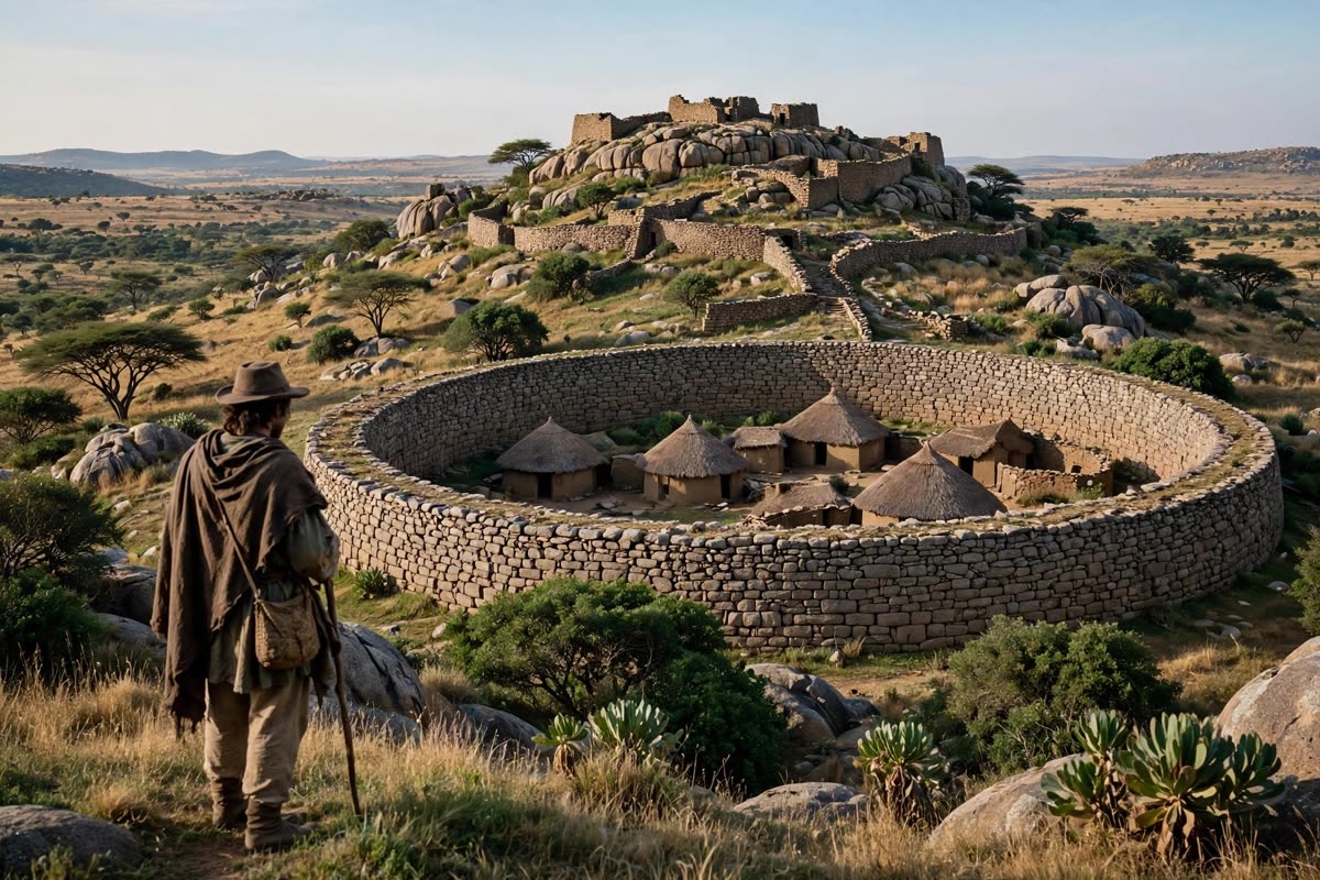 A lone traveler studies the hilltop structures and the vast circular dry-stone enclosure, its carefully fitted granite walls rising above earthen-brown dwellings on the southern African plateau. Clear afternoon light brings out muted ochre, warm stone gray, and deep green. Human-scale medium-wide framing, cinematic historical illustration with restrained documentary realism and subtle film grain.