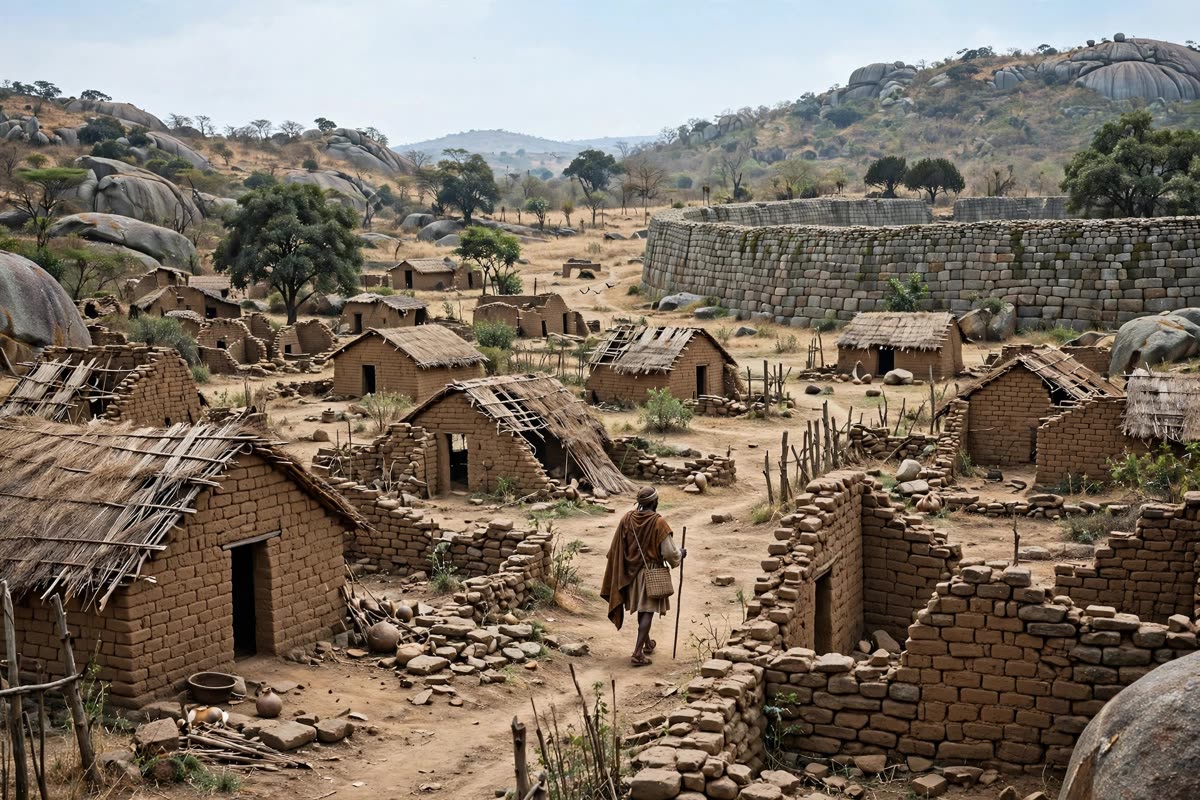 A lone traveler walks through the valley ruins among numerous earthen-brown brick dwellings, with the monumental granite walls of the Great Enclosure nearby. Fourteenth-century Great Zimbabwe on the southern African plateau, rendered in Timetraveler’s cinematic historical illustration with restrained documentary realism, human-scale detail, muted ochre and warm stone gray, deep green, and pale sky. Clear daylight, wide eye-level framing, subtle fine-grain film treatment.
