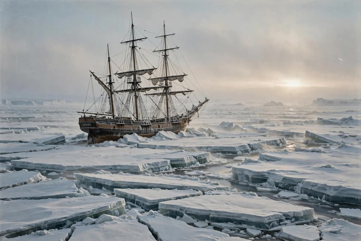 A three-masted wooden ship sits trapped as pack-ice plates press together and drift apart across the Weddell Sea, with no figures in the foreground. Wide, solitary composition beneath low late-afternoon polar light and fine atmospheric haze. Timetraveler’s cinematic historical illustration style: restrained documentary realism, glacial blues, slate grays, muted ivory snow, wind-scoured texture, and subtle film grain.