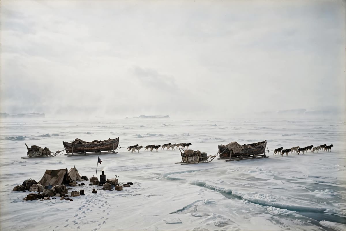 Dog teams haul sledges and two salvaged boats across a wind-scoured Antarctic floe, the tiny camp dwarfed by a pale, open sky. Cold polar daylight glows through fine haze, with muted ivory snow, glacial blues, and slate grays. Wide establishing view with dramatic negative space; cinematic historical illustration, restrained documentary realism, fine-grain film texture, consistent period detail.